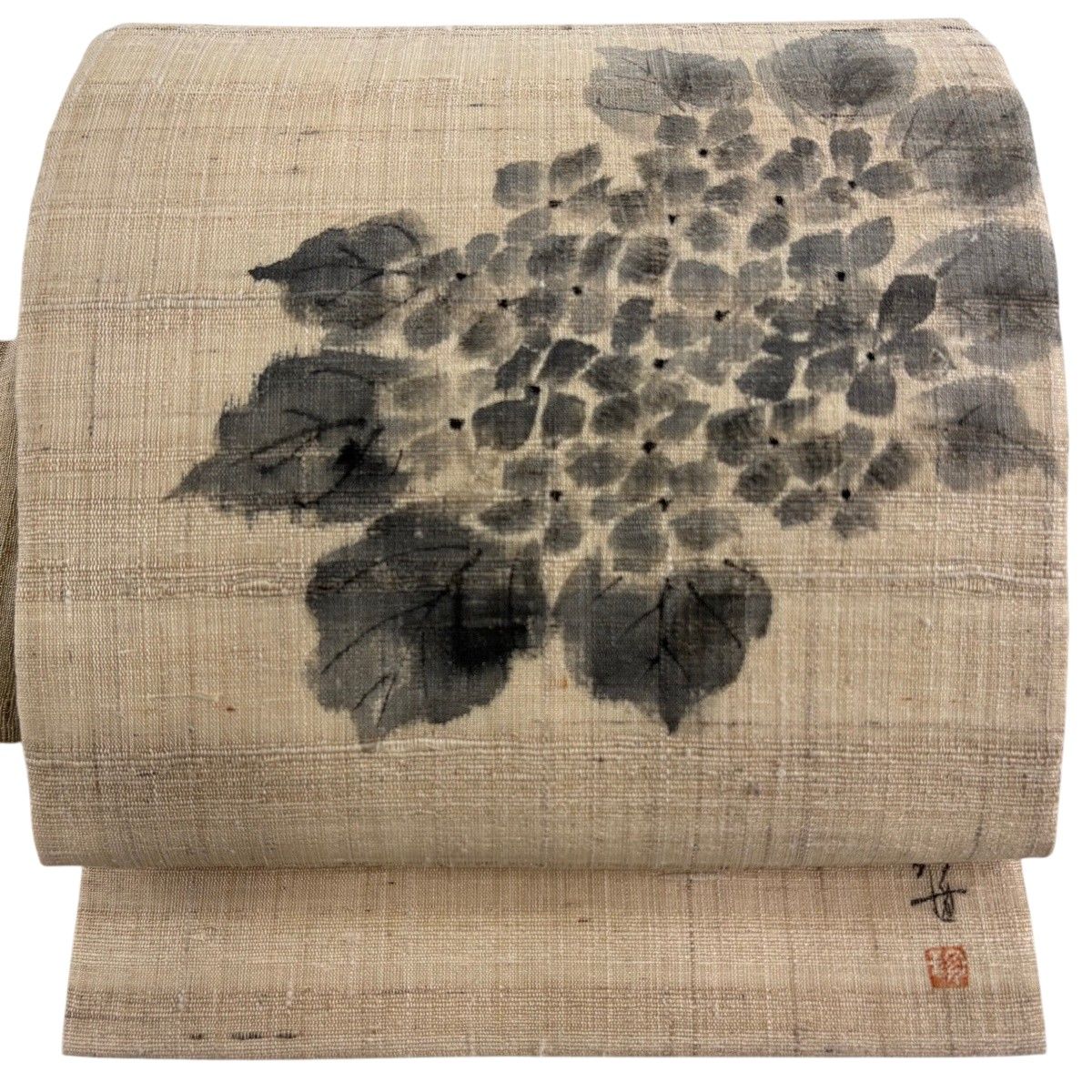 【美品】 名古屋帯 名品 夏帯 夏紬地 紫陽花 ベージュ 正絹 【中古】