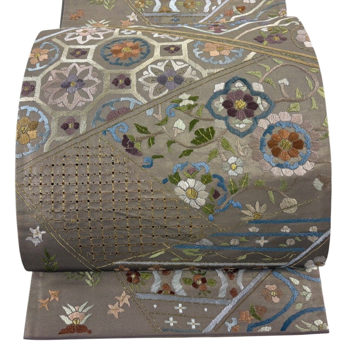 【美品】 袋帯 逸品 草花 蜀江文 金糸 刺繍 ベージュ 六通 正絹 【中古】