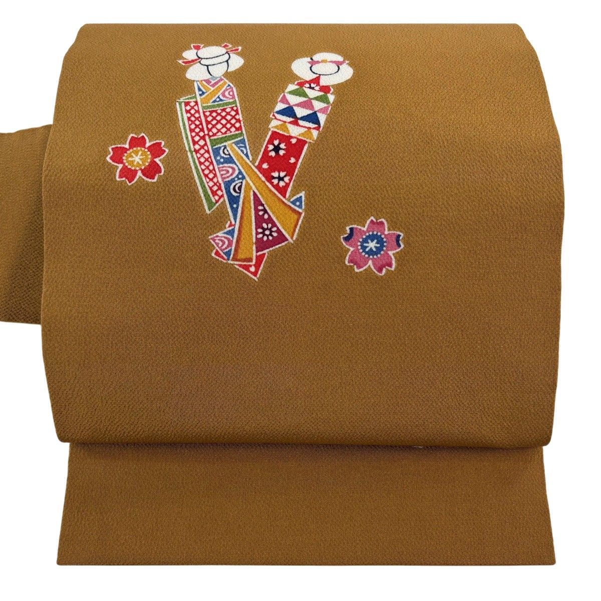 【美品】 名古屋帯 逸品 こけし 桜 縮緬 茶色 正絹 【中古】