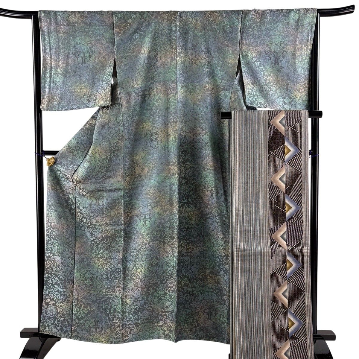 【美品】 小紋 身丈161.5cm 裄丈65cm M 袷 袋帯セット 向鳥 草花 灰色 正絹 名品 【中古】