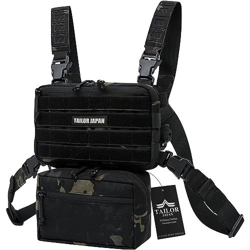 ★新品★【TAILOR JAPAN】マイクロチェストリグ チェストリグ タクティカルベスト サバゲーベスト 軽量 ベルクロ モール ハイブリットシステム 1000Ｄナイロン バックパック拡張機能 ウエストサポートベルト付き (ブラック迷彩/ポーチ付き)