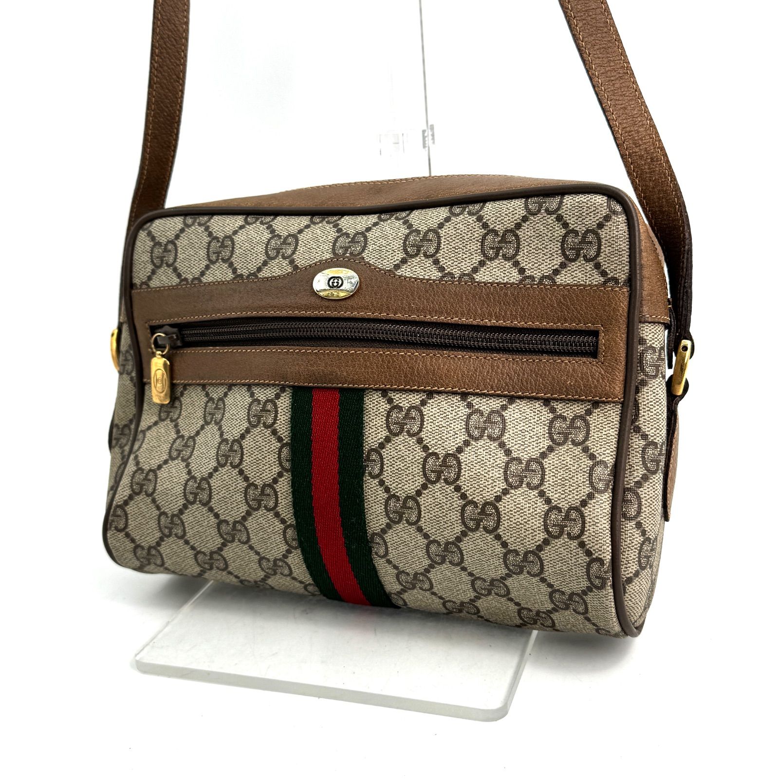 美品 GUCCI オールドグッチ シェリーライン PVC ショルダーバッグ 茶 紙タグ付