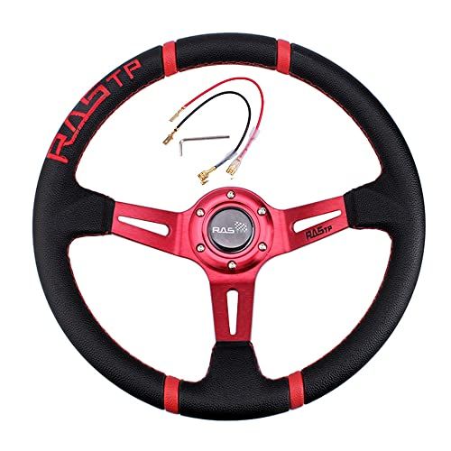 ★新品★MUTEKI ステアリング ハンドル 車 直径350mm 軽量アルミニウム レザー 車用 ゲーム用 交換 ディープコーン ステアリング クラシック レザー刺繍 ホーンボタン付き 汎用 （赤）