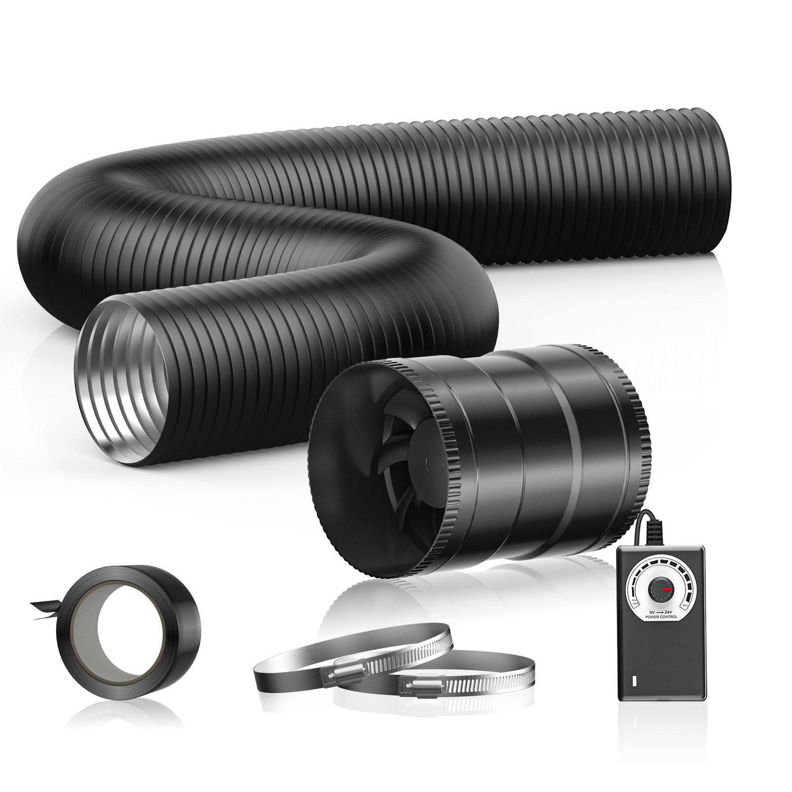 Hon&Guan ダクトファン セット 150mm 中間取付型【インボイス制度登録店】ダクト用 換気扇 強力 省エネ 静音 塗装ブース用 家焼肉 丸形タイプ 産業用換気扇 ダクトホース入り/2.5m1本 クランプ入り/2個 汎用テープ付 取扱説明書付(Hpms