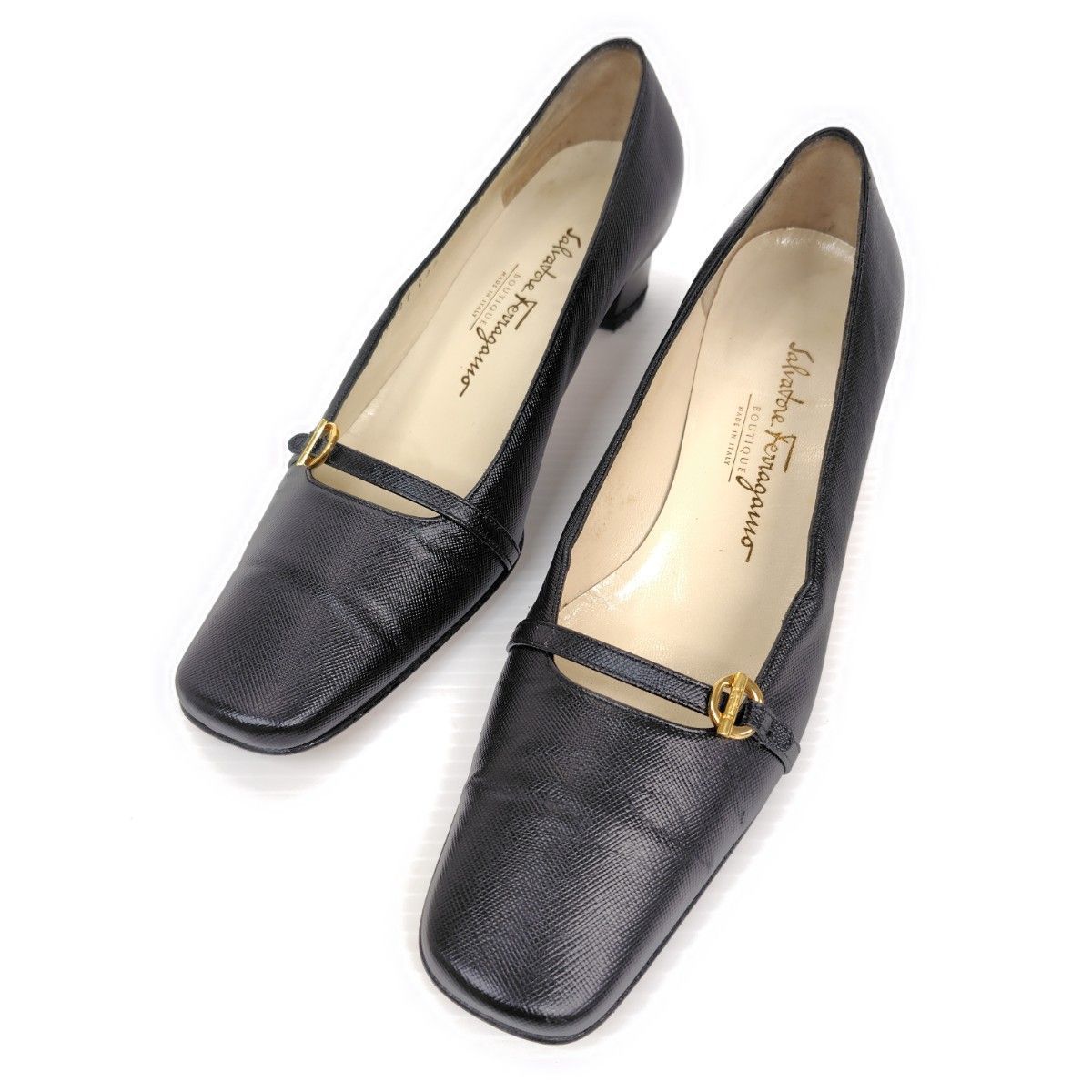 ★使用感少なめ美品★Salvatore Ferragamo フェラガモ パンプス 6.5B ローファー メリージェーン サフィアーノ調 スクエア