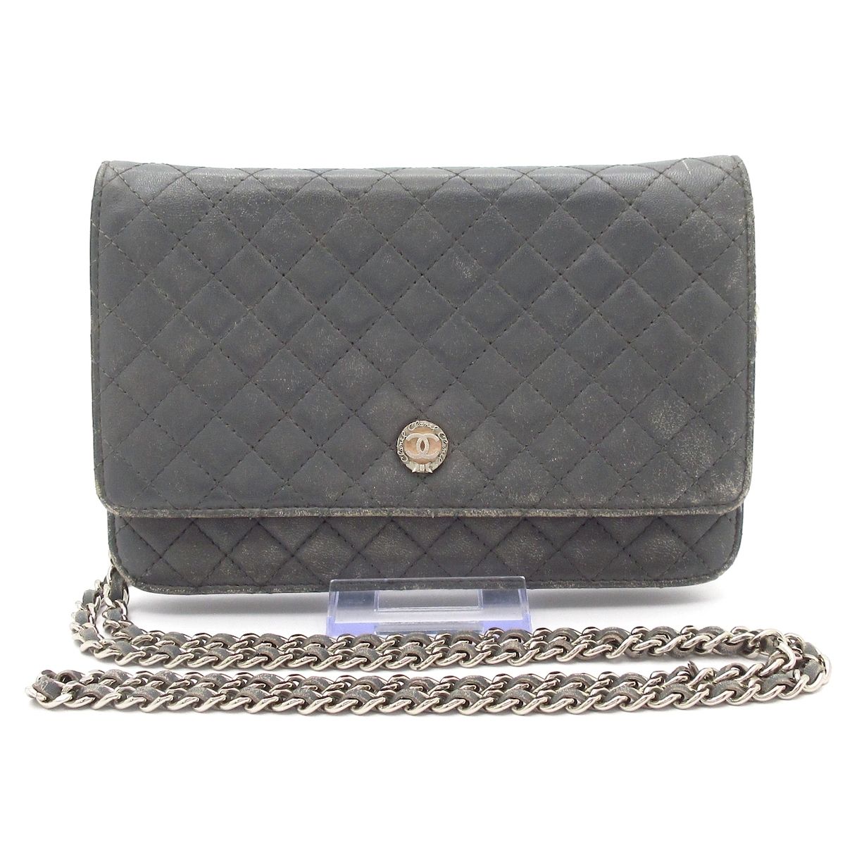 CHANEL(シャネル) 財布 マトラッセ グレー チェーンウォレット レザー