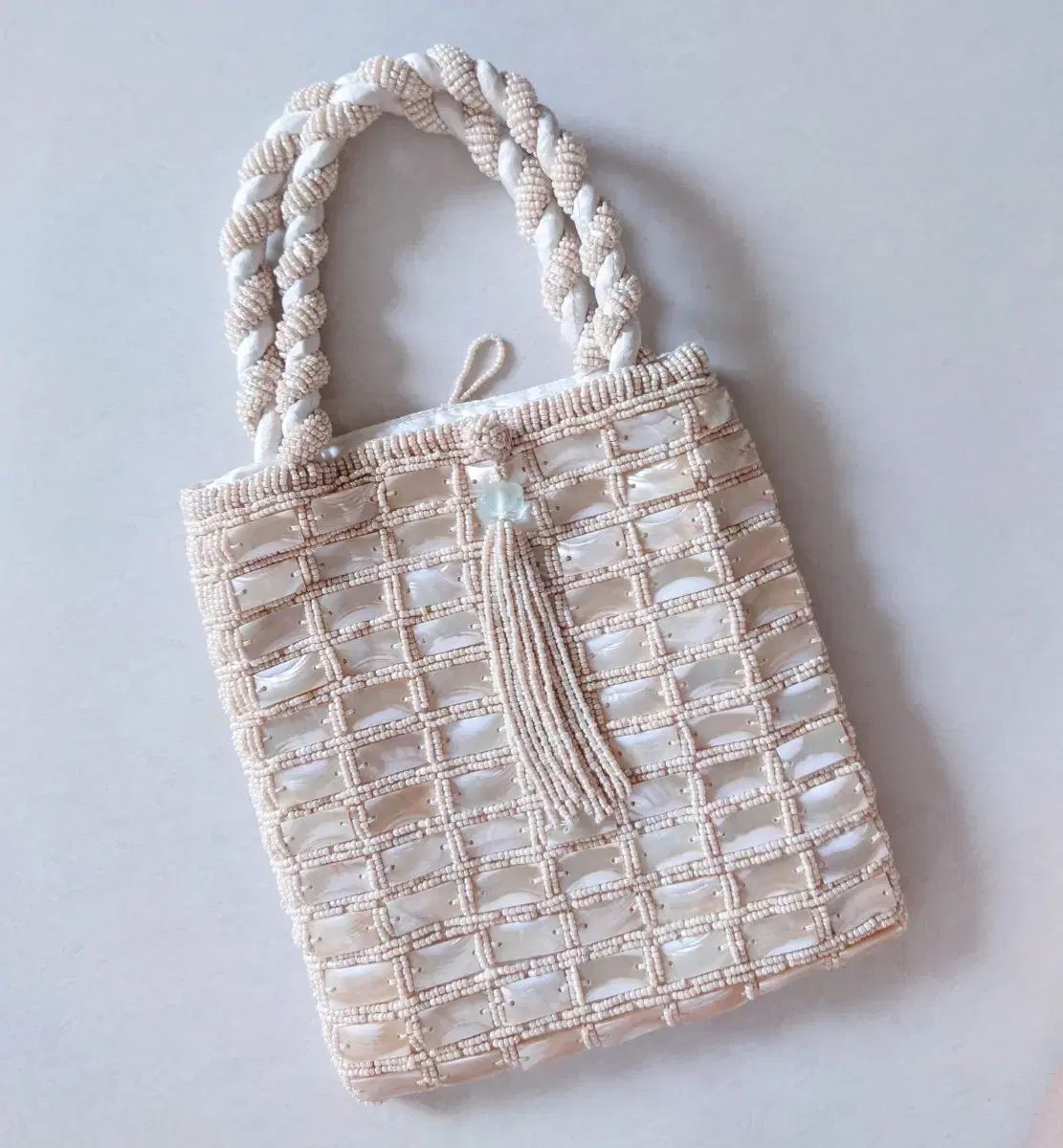 ハンドメイド 螺鈿ビーズ タッセル トートバッグ
