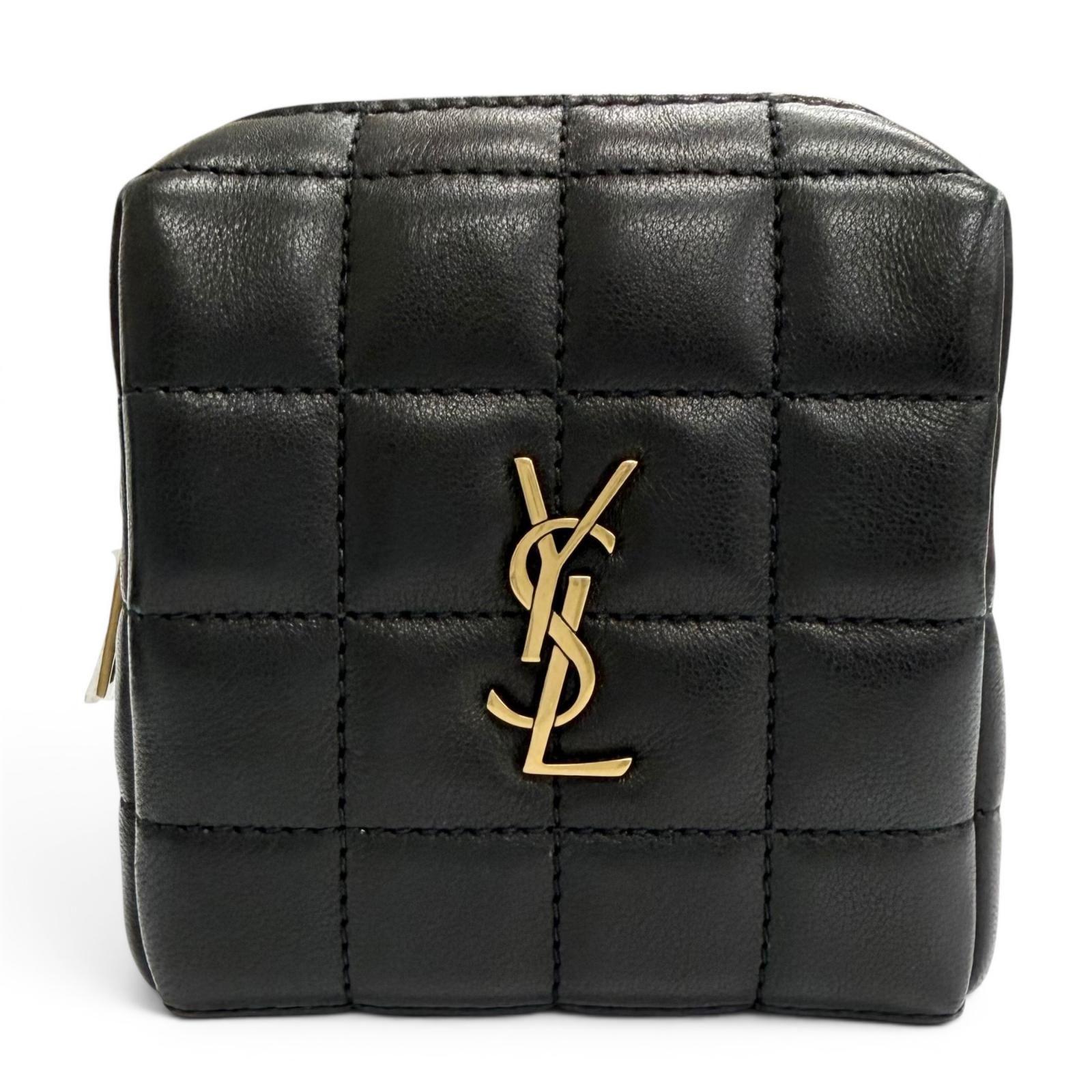 未使用品△SAINT LAURENT PARIS サンローランパリ 778102 カサンドラ ロゴ スクエア レザー キルティング ポーチ ブラック 箱・保存袋付