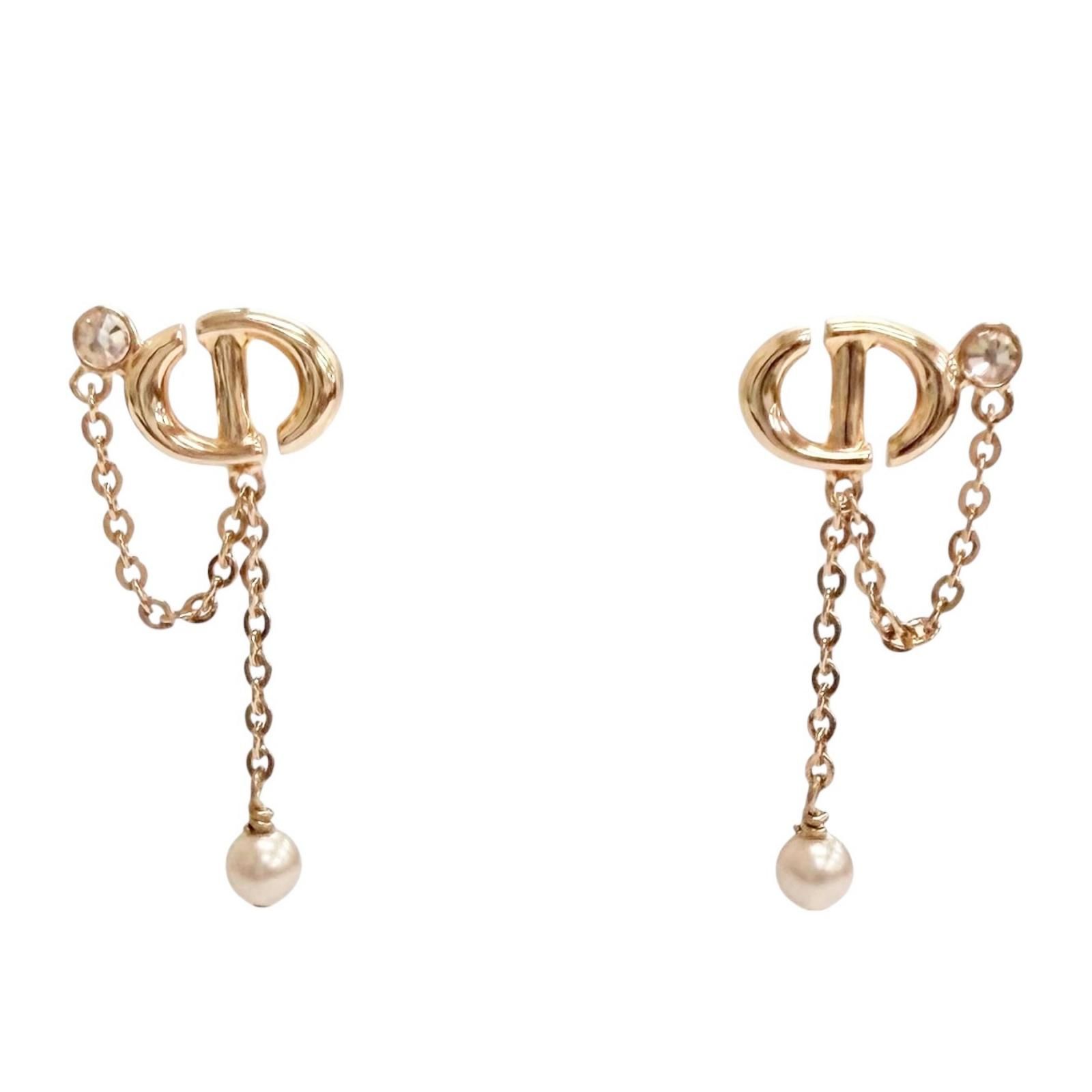 極美品△Christian Dior クリスチャンディオール CDNavy ラインストーン パール スイング ピアス アクセサリー 両耳用 ゴールド 箱 袋付