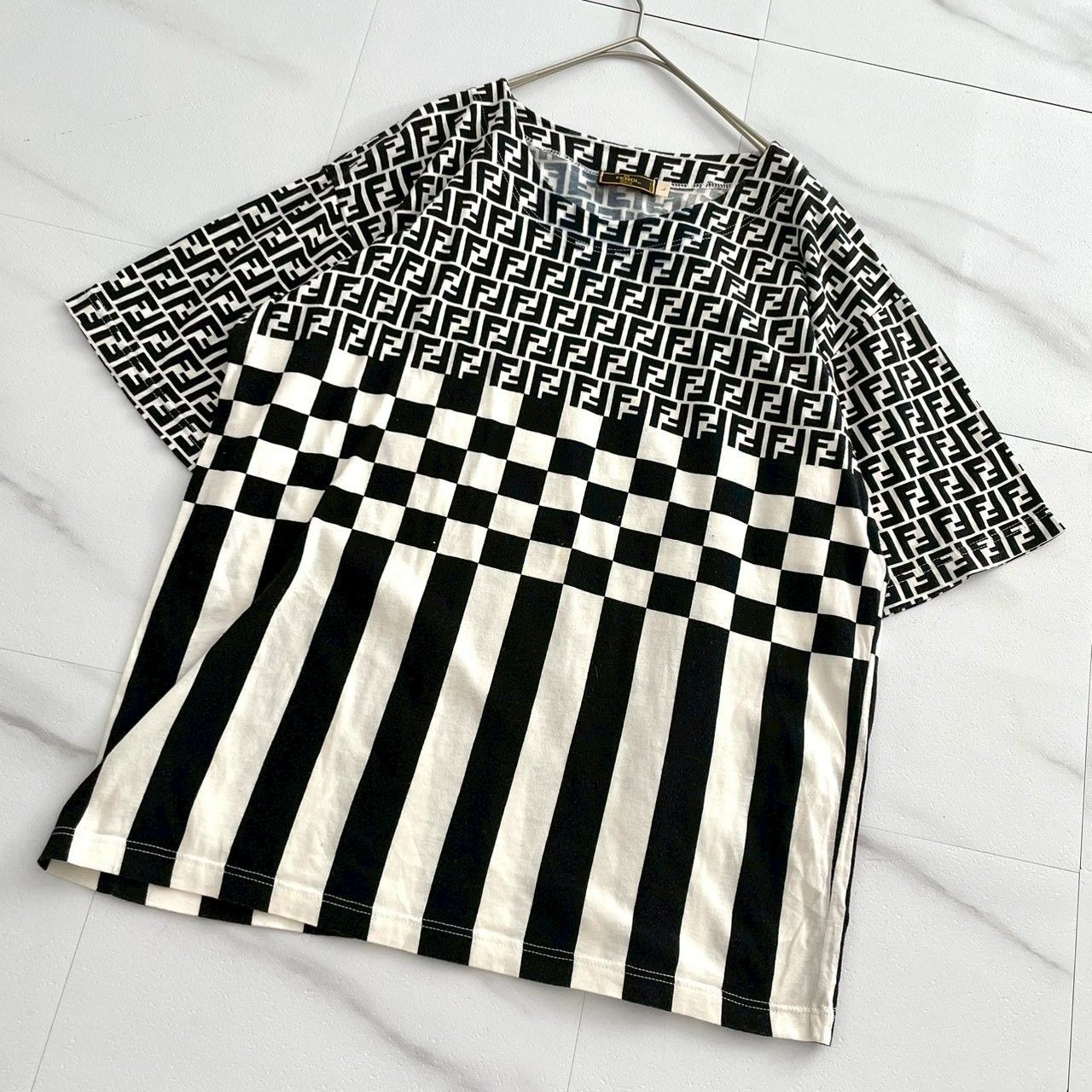 人気✨FENDI フェンディ ズッカ柄切り替えTシャツ ボーダー チェッカー柄 カットソー ヴィンテージ コットン 綿 イタリア製