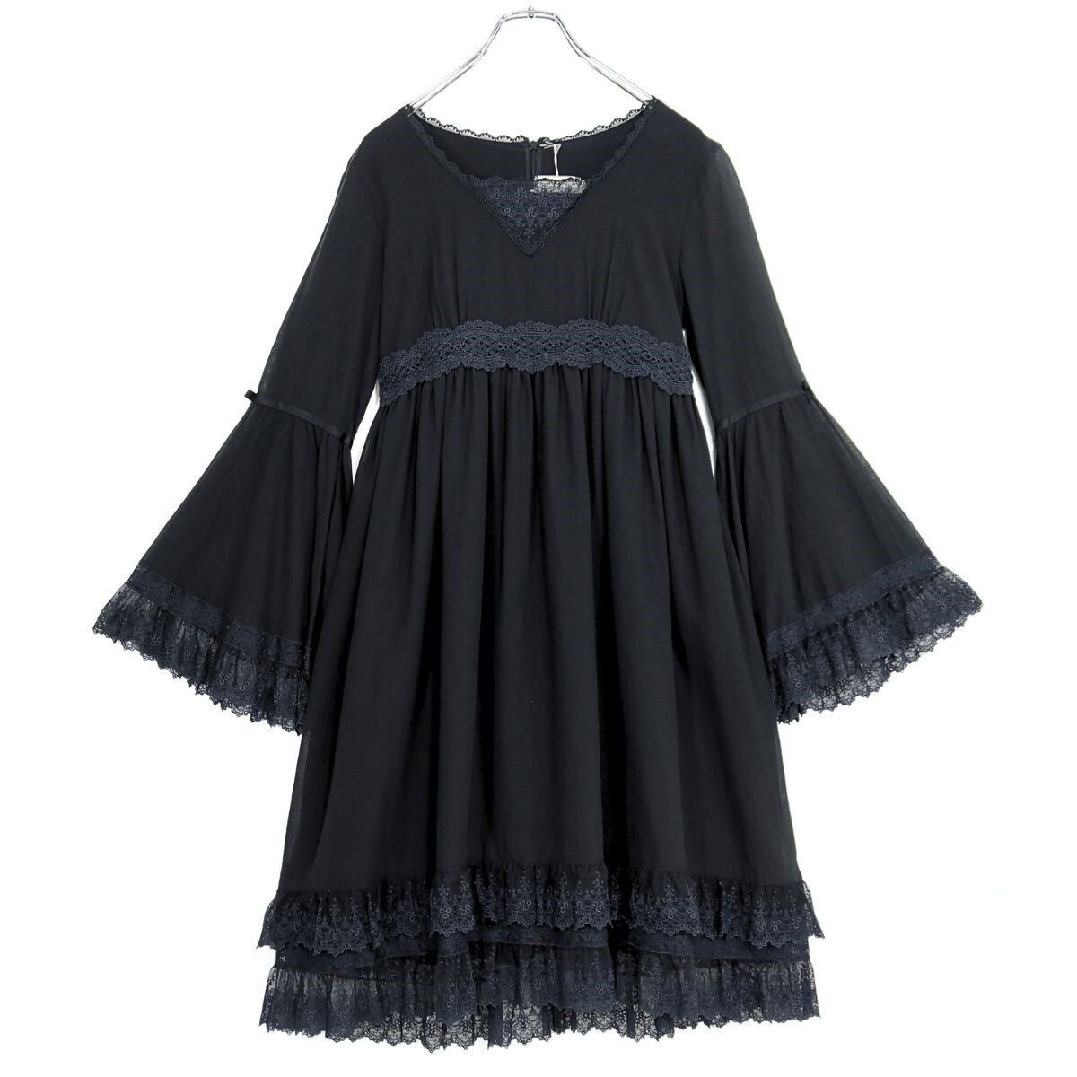 【極美品・紙タグ有】ピンクハウス★チュールレース使い♪ベルスリーブワンピース サイズM 黒系 無地 z20816