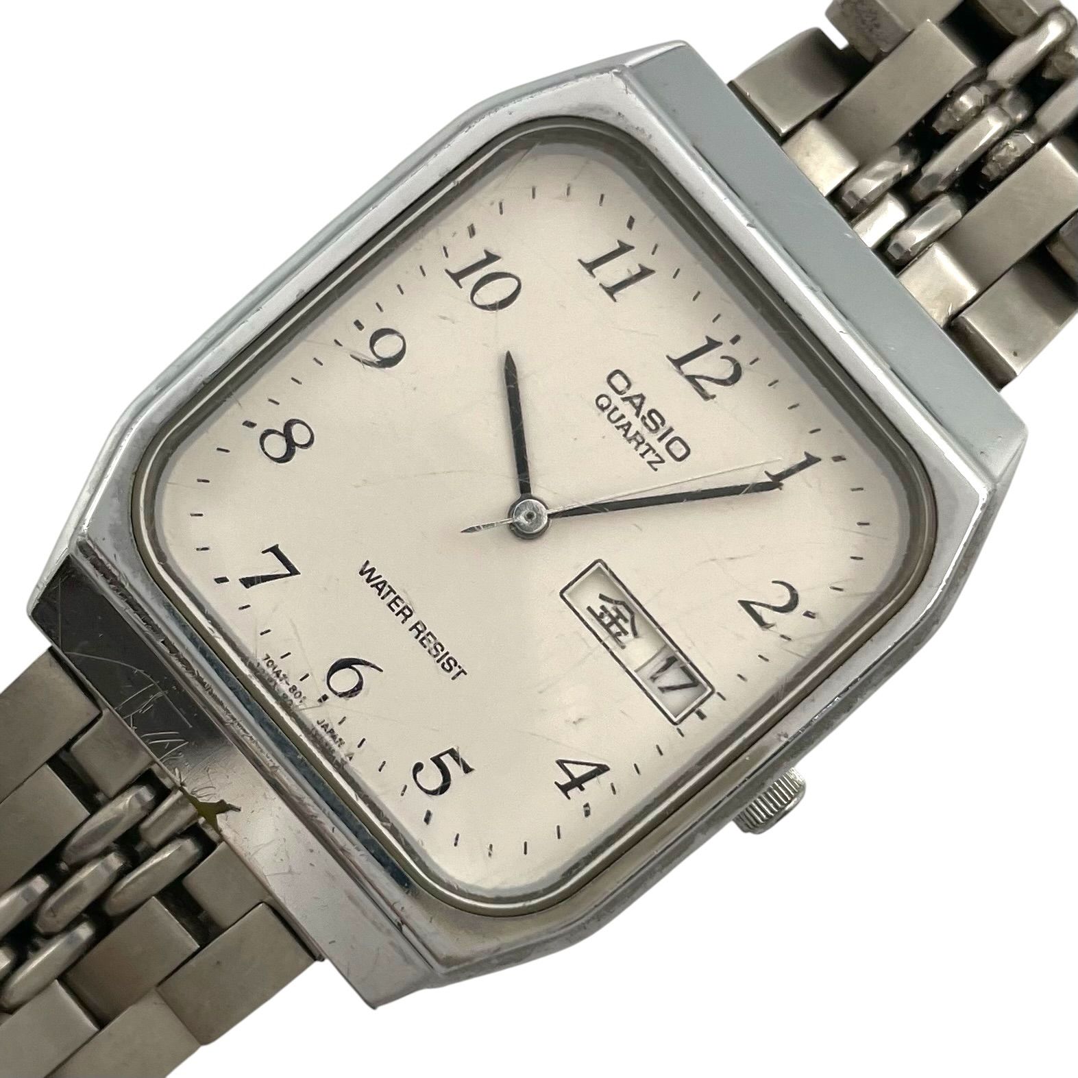 Fudo CASIO Casio Watch MQ-518 Quartz Day Date Square Analog Retro Y2K 3 Hands White Dial Silver Metal Band [m30]