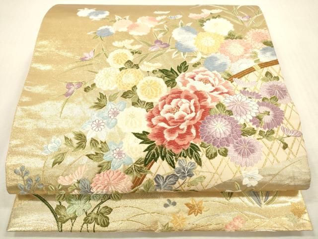 平和屋本店▼六通柄袋帯　唐織　光悦垣草花文　本金箔　正絹　逸品　DABH0952op