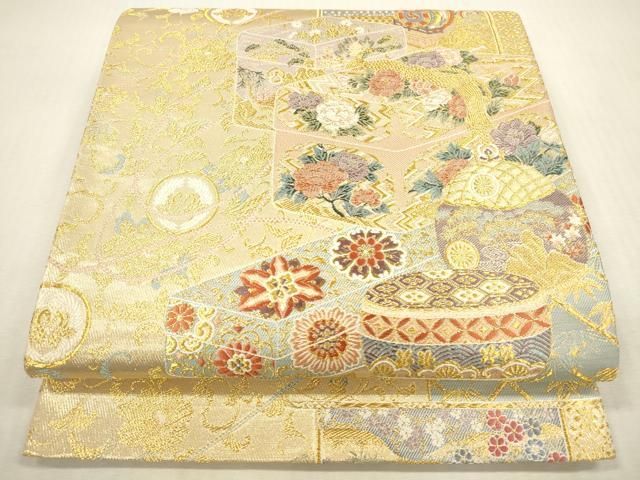 平和屋本店▼西陣　六通柄袋帯　唐織　赤手箱牡丹蒔絵之図　本金箔　証紙付き　正絹　逸品　DABH0979op