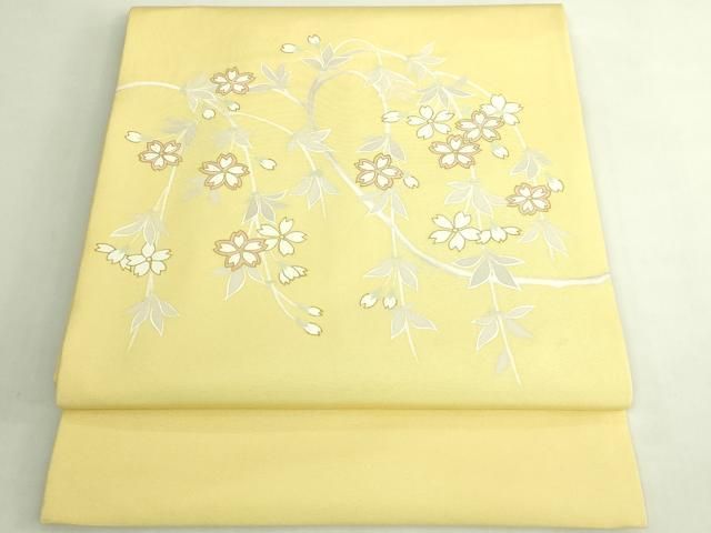 平和屋着物●極上 塩瀬 九寸開き名古屋帯 枝垂れ桜 金彩 淡黄色地 逸品 DZAB7456kh6