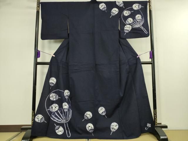 平和屋着物∴極上 夏物 浴衣 有松鳴海絞り 団扇 紺色地 綿 逸品 DZAB7483kh6