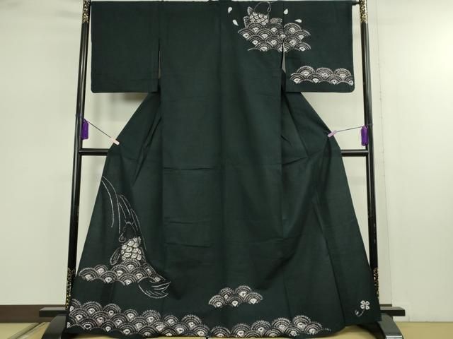 平和屋着物∴極上　夏物　浴衣　有松鳴海絞り　鯉の滝昇り　黒地　綿　逸品　DZAB7489kh6