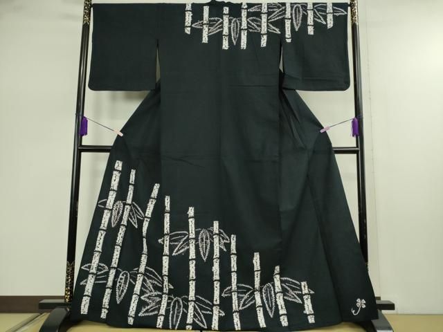 平和屋着物∴極上　夏物　浴衣　有松鳴海絞り　笹竹　黒地　綿　逸品　DZAB7490kh6