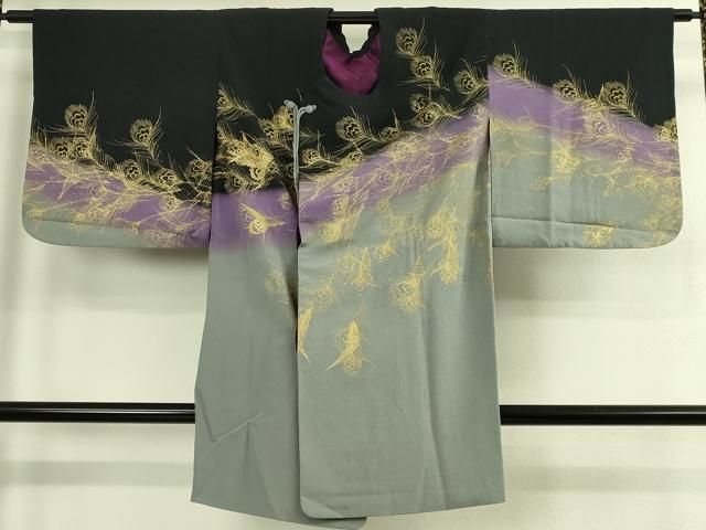 平和屋着物∞極上　コート作家　三本賢　和装コート　ロング丈　孔雀羽文　暈し染め　金彩　逸品　DZAB7515kh6