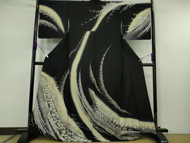 平和屋着物●極上 中国三大刺繍 相良刺繍 訪問着 舞花文 暈し染め 黒地 銀通し地 逸品 DZAB7621kh6
