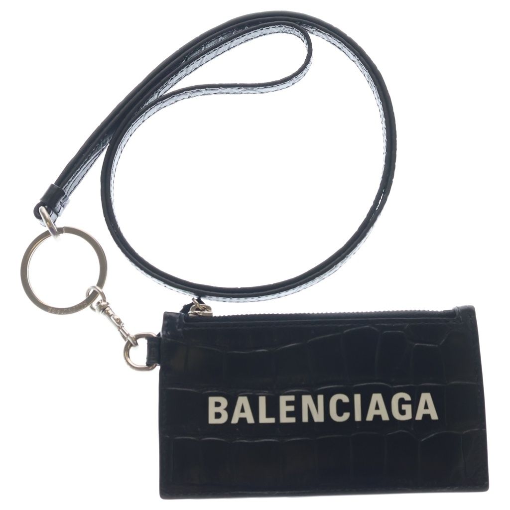 BALENCIAGA (バレンシアガ) Card Case キーリング付き クロコ型押し レザーカードケース ブラック 594848