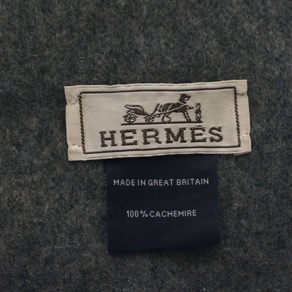 HERMES (エルメス) ロゴ刺繍 カシミヤ フリンジ マフラー グレー