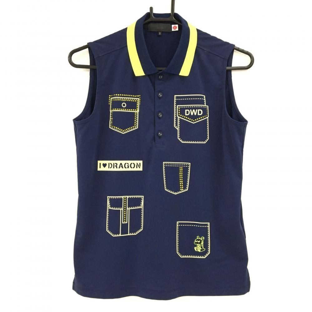 【超美品】ダンスウィズドラゴン ノースリーブポロシャツ ネイビー×イエロー チビドラ  レディース 3(L) ゴルフウェア Dance With Dragon ダンスウィズドラゴン ノースリーブポロシャツ ネイビー×イエロー