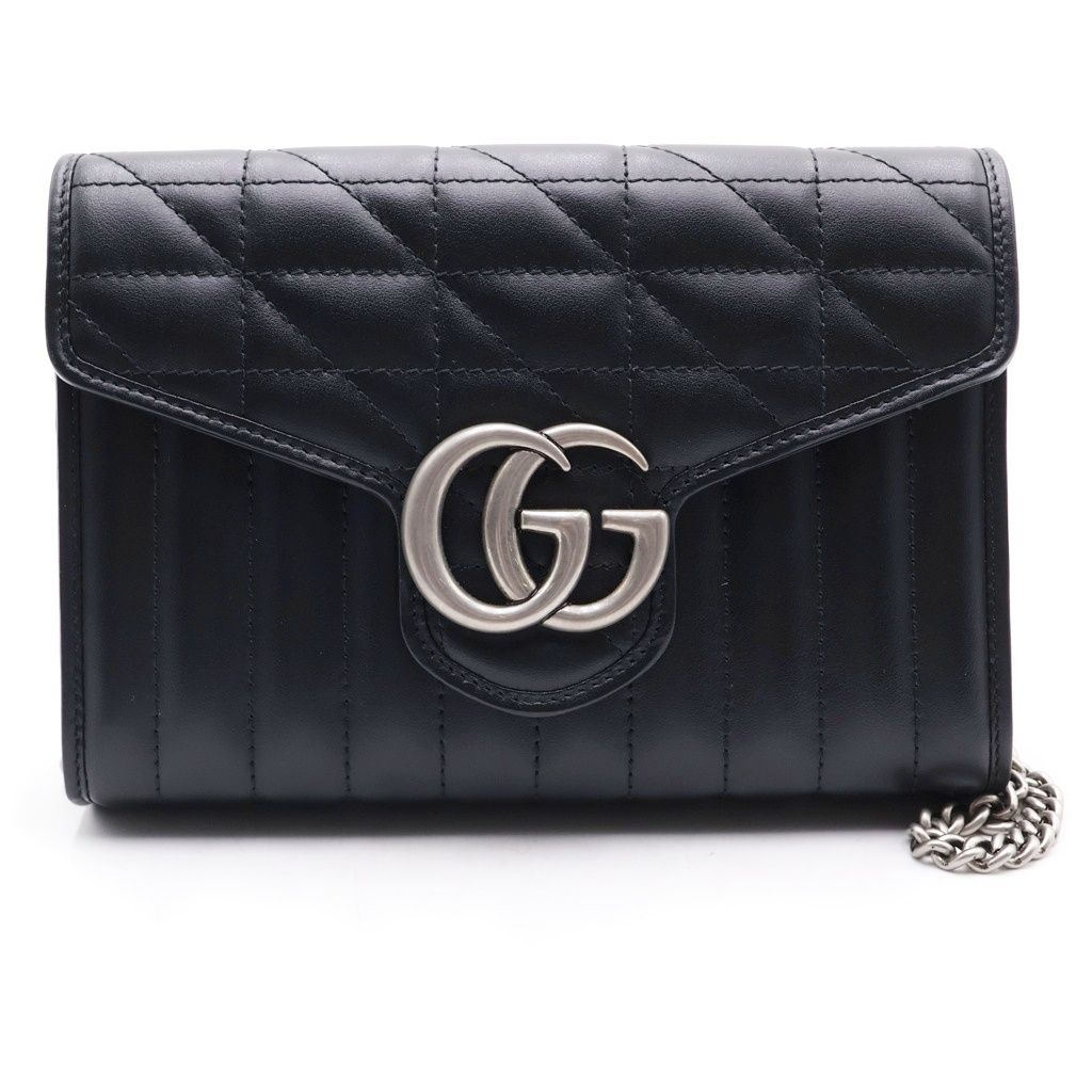 GUCCI (グッチ) GGマーモント チェーンショルダーバッグ 2WAYクラッチ ブラック レザー 474575 シルバー金具