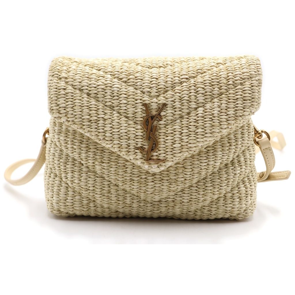 YVES SAINT LAURENT (イヴサンローラン) YSL モノグラム ポーチ ショルダーバッグ カゴバッグ ベージュ ラフィア 467072 ゴールド金具 72,600円
