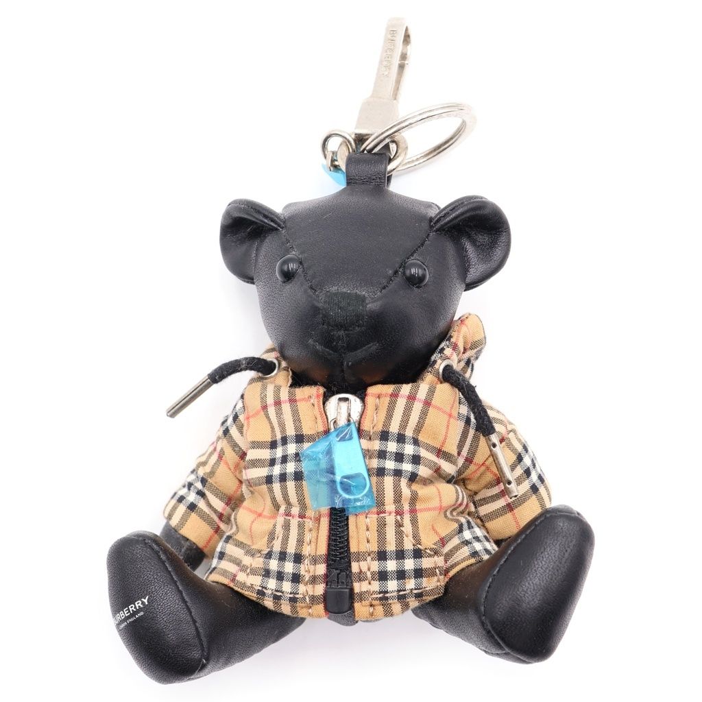 BURBERRY (バーバリー) トーマスベア ノバチェックジャケット キーホルダー バッグチャーム ブラック×ベージュ レザー シルバー金具