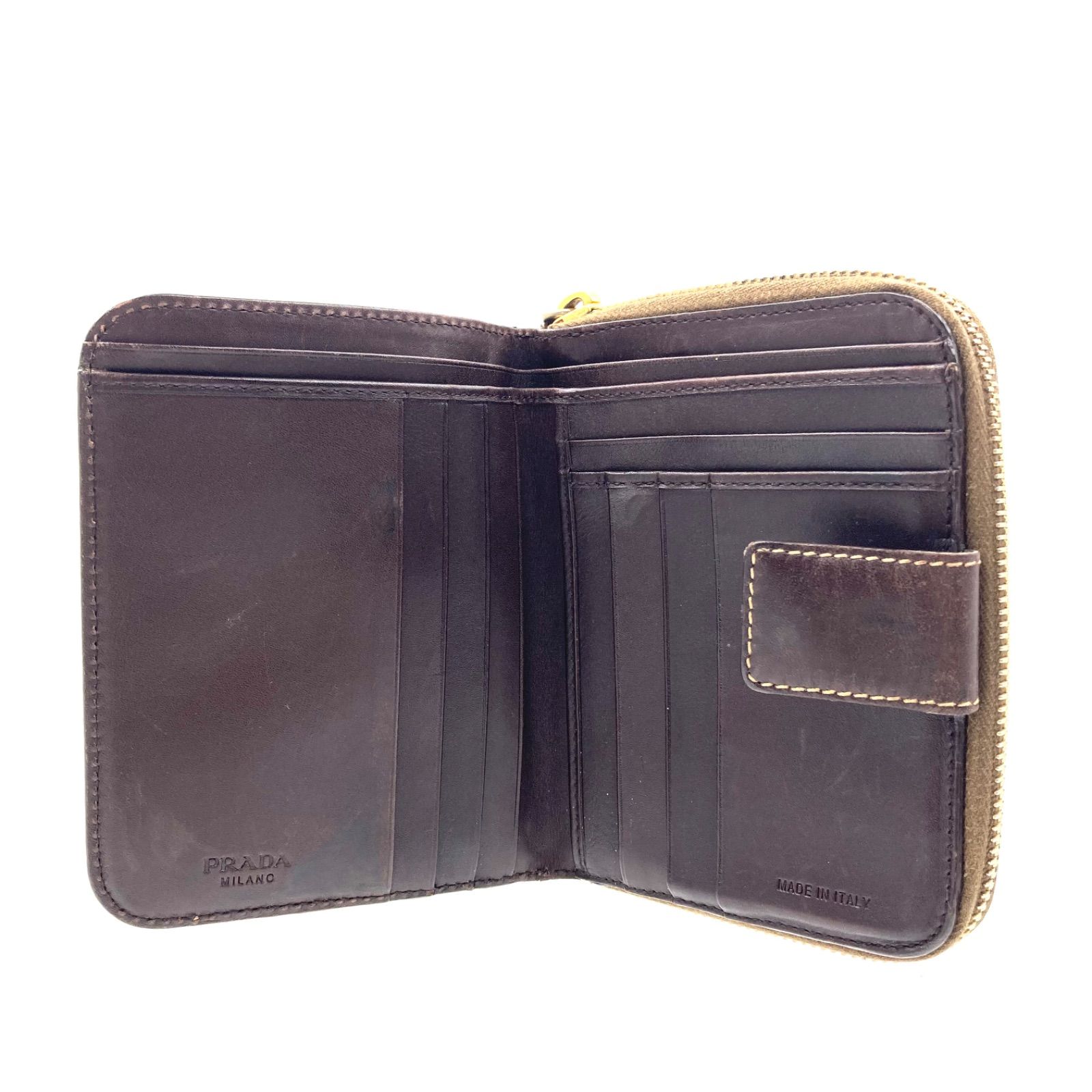 □美品□PRADA プラダ ロゴジャガード 二つ折り財布 キャンバス×レザー