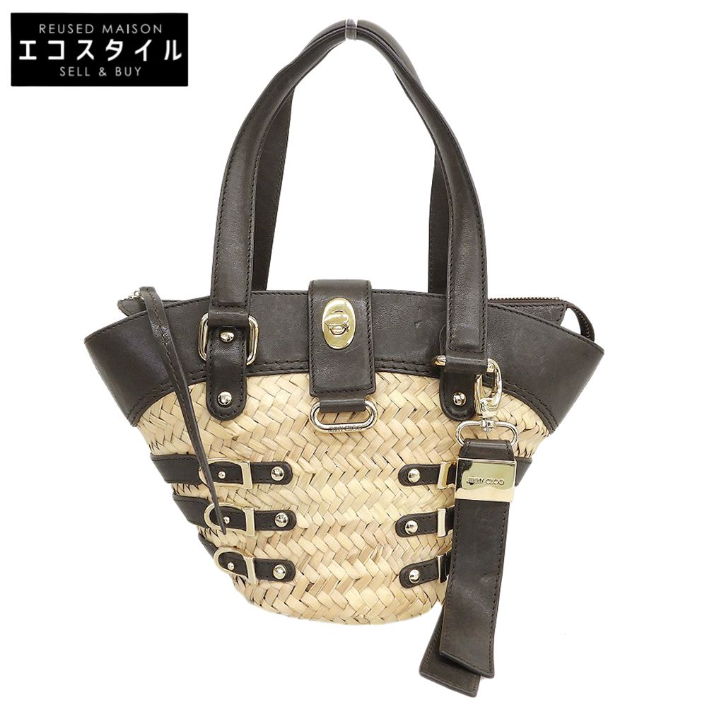 JIMMY CHOO ジミーチュウ レザー×ストロー かごバッグ ハンドバッグ