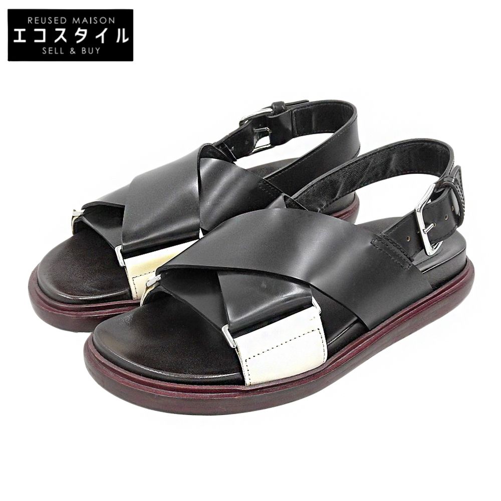 MARNI　マルニ　レザー クロスストラップ FUSSBETT SANDAL/フスベットサンダル シューズ レディース ブラック×ストーンホワイト 36　36
