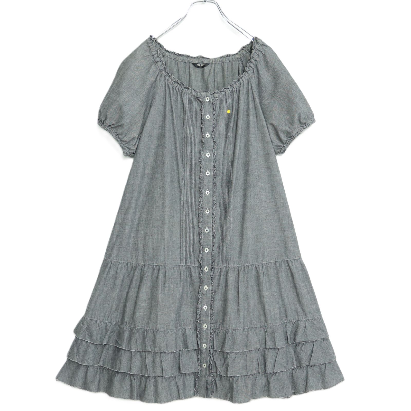 ピンクハウス★裾かぶせ段々フリル♪半袖ワンピース グレー系 前開き ふんわりフォルム♪薄手 z21986