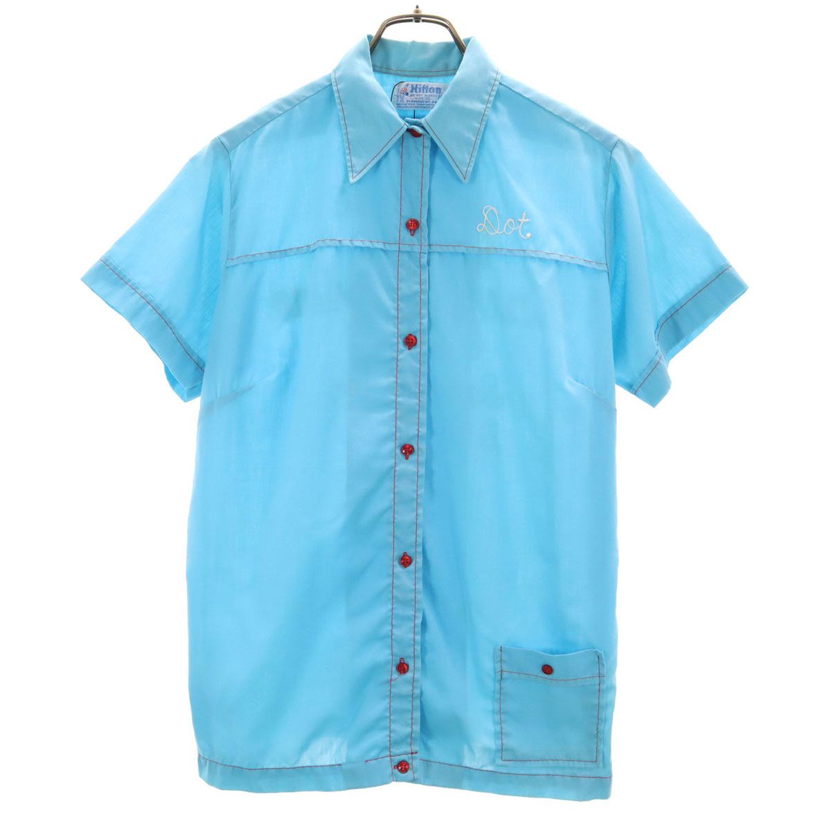 Hilton Hilton 70s USA Vintage Chain Embroidered Short Sleeve Bowling Shirts 36 Light Blue Womens Vintage Clothes