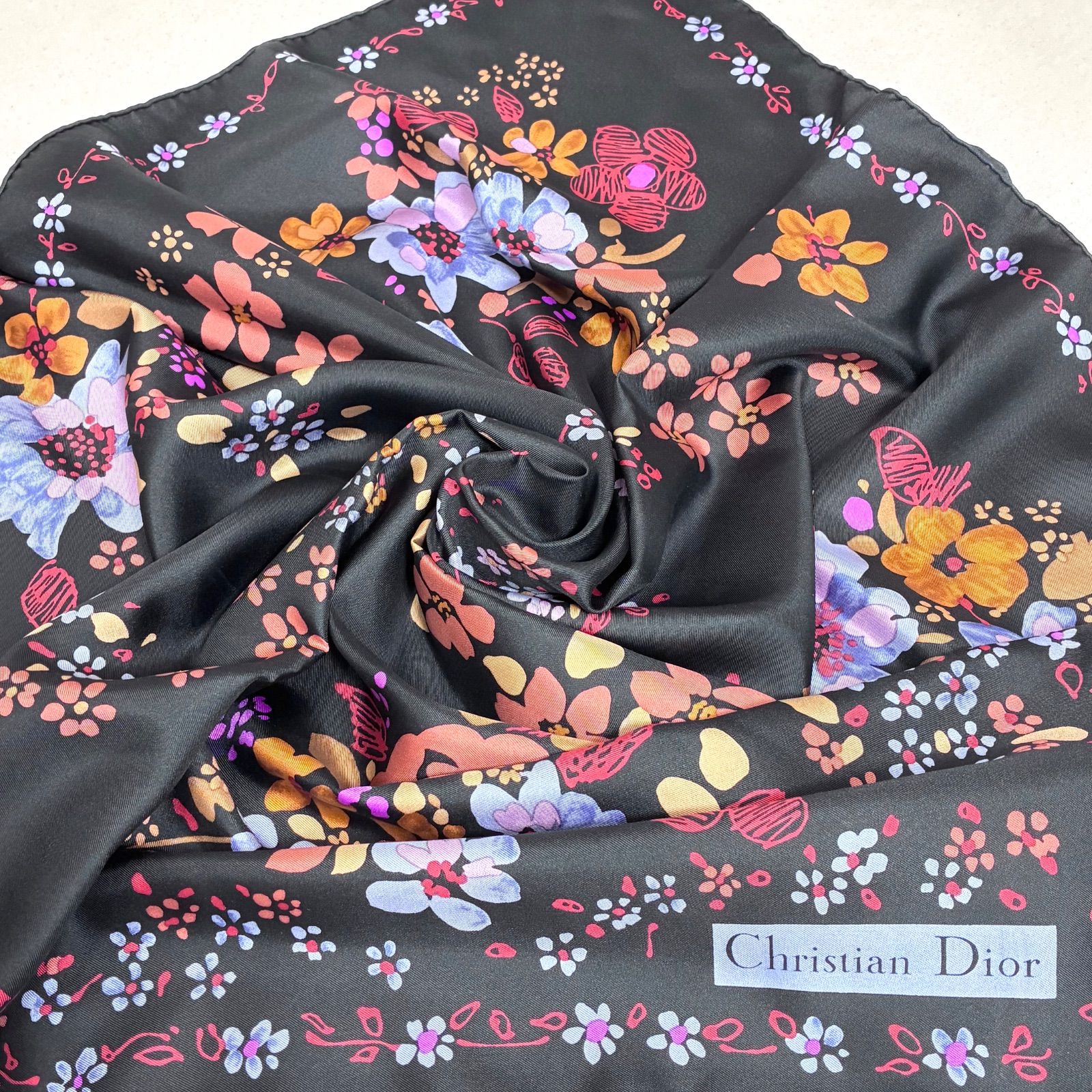 ☆美品 Christian Dior フランス製 フラワーアートモチーフ ヴィンテージ シルクスカーフ ブラック