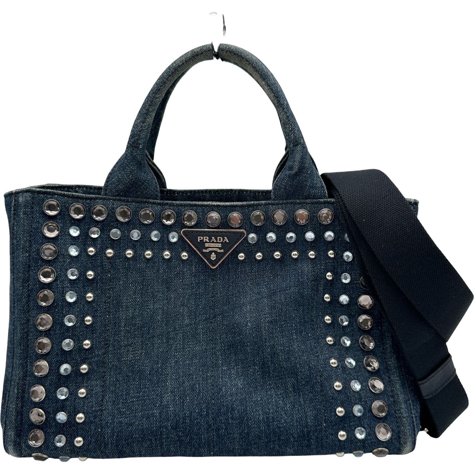 プラダ PRADA カナパビジューハンドバッグ ブルー シルバー金具 デニム/スタッズ レディース ショルダーバッグ