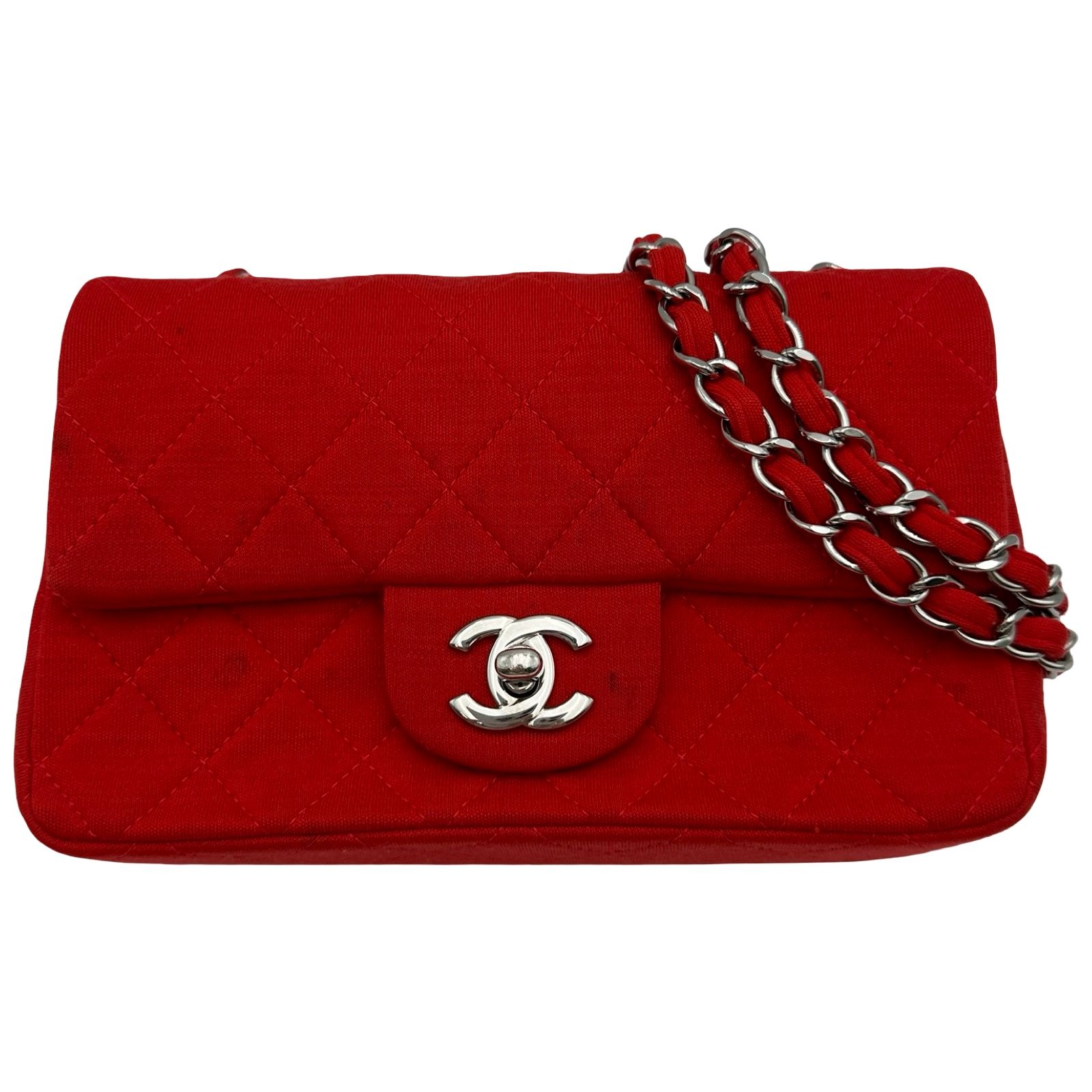 シャネル CHANEL ミニマトラッセ20 A69900 19番台 レッド シルバー金具 コットンジャージー レディース ショルダーバッグ