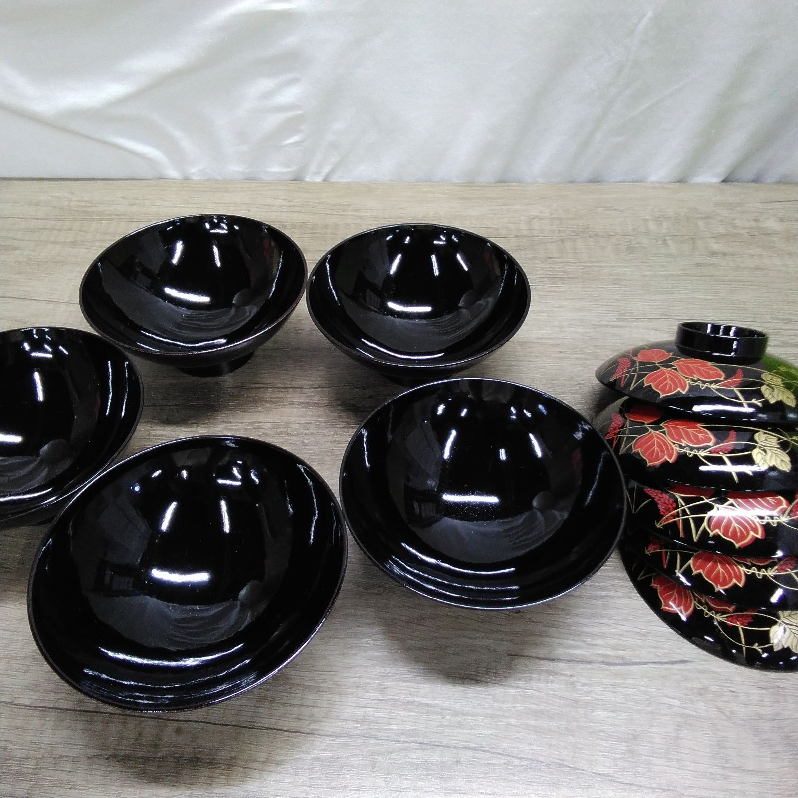 和食器 美術漆器 伝統工芸品 ふた付き吸物椀 稲穂・紅葉絵柄 5客