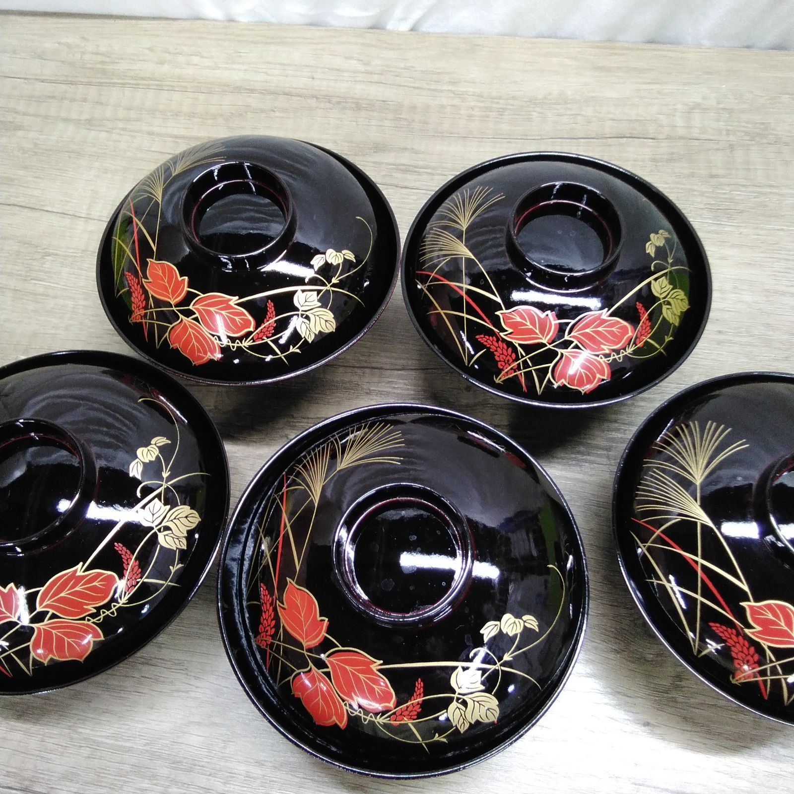 和食器 美術漆器 伝統工芸品 ふた付き吸物椀 稲穂・紅葉絵柄 5客