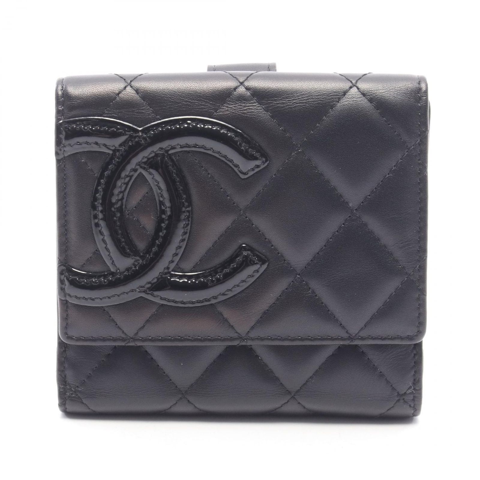 シャネル CHANEL Wホック財布 カンボンライン ブラック/ブラックエナメル レザー パテントレザー カンボン Wホック財布 レディース Used A