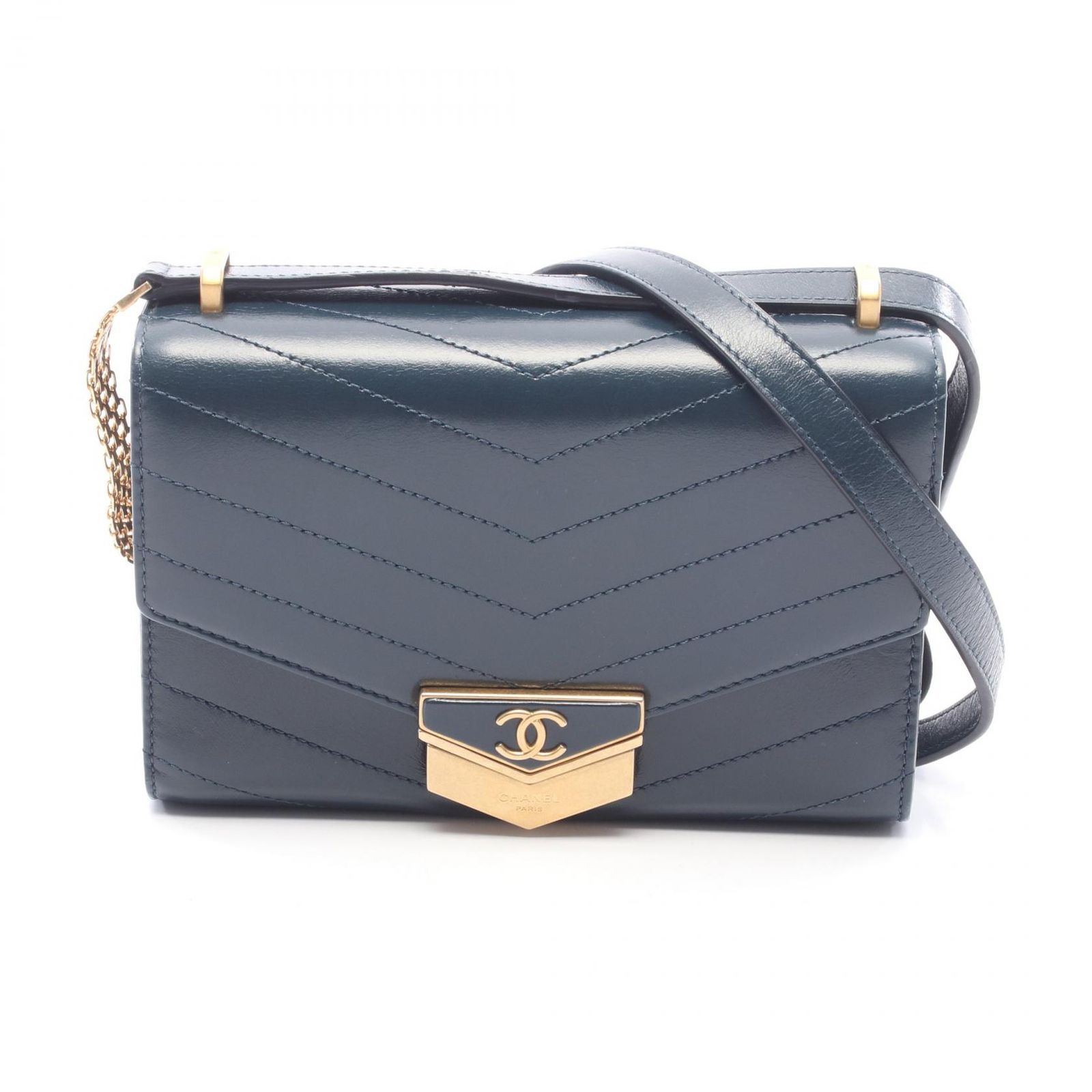 シャネル CHANEL ショルダーバッグ シェブロン Vステッチ ブルーグリーン レザー Vステッチ チェーンショルダー レディース Used A