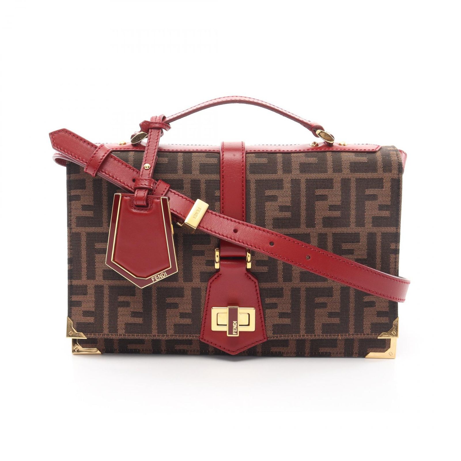 フェンディ FENDI ハンドバッグ ズッカ 2WAY ブラウン/レッド キャンバス レザー ズッカ 2wayショルダーバッグ レディース Used A