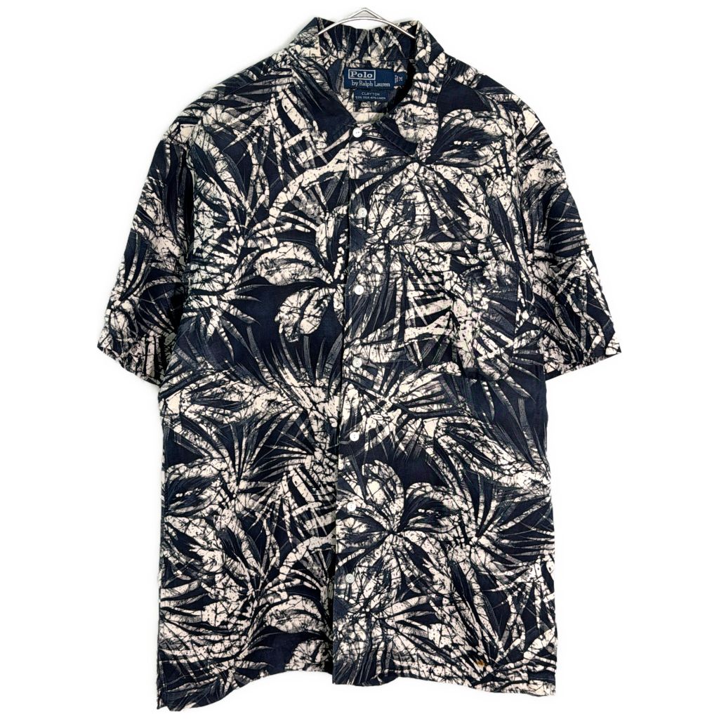 Polo by Ralph Lauren ポロ ラルフローレン CLAYTON シルクリネンシャツ 植物 ブラック(メンズ M)中古 古着 Y5607