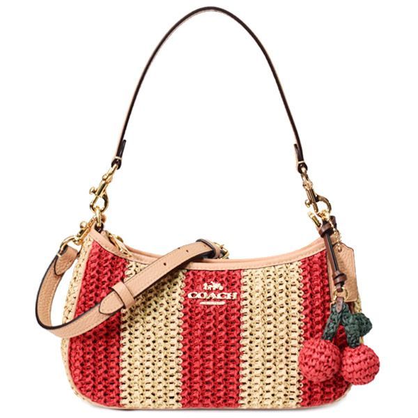 コーチ バッグ COACH かごバッグ ストロー レザー ストライプ テリ チャーム付き ロゴ 2way クロスボディ 斜め掛け ショルダー ハンドバッグ レッド×タン CER34