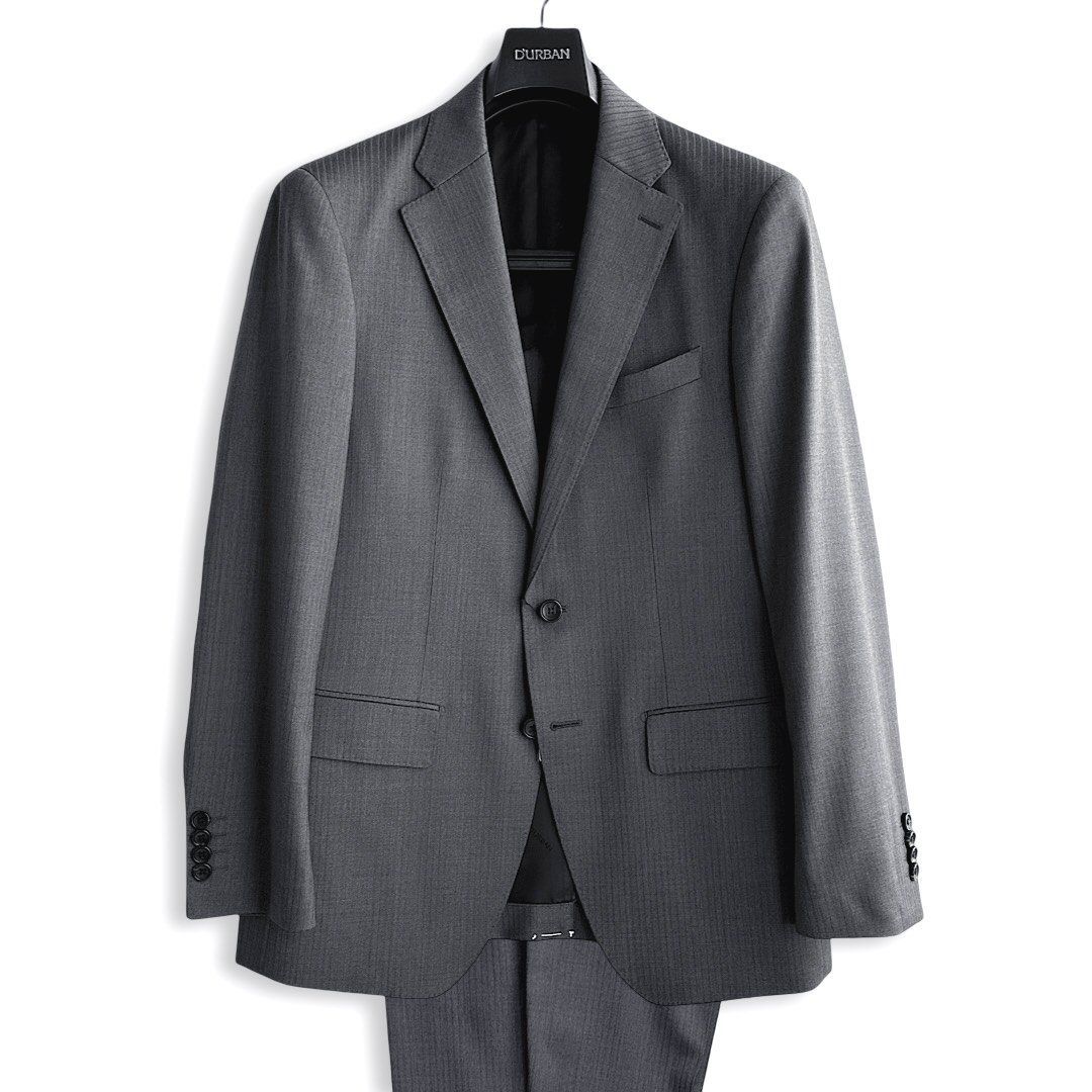 新品 D'URBAN ダーバン スーツ A4 定価132,000円 春夏 グレー シャドーストライプ TRABALDO TOGNA Seesera ウール100% ストレッチ 背抜き ノータック 日本製 ビジネス メンズ 高級