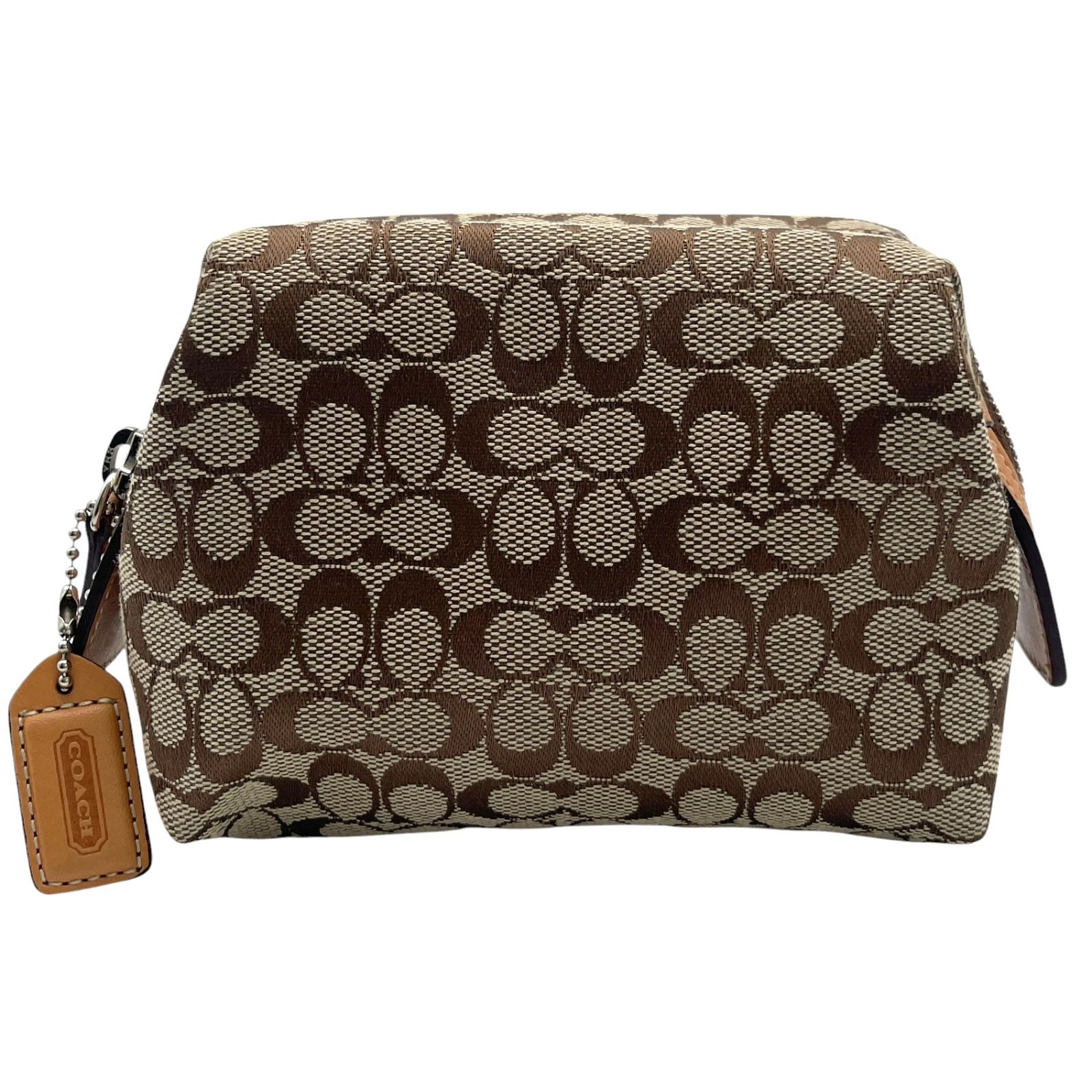 【美品】COACH シグネチャーレザー　ハンドバッグ　ポーチ　ダークブラウン 美品 COACH コーチ ポーチ シグネチャー ロゴ 総柄 小物入れ ブラウン