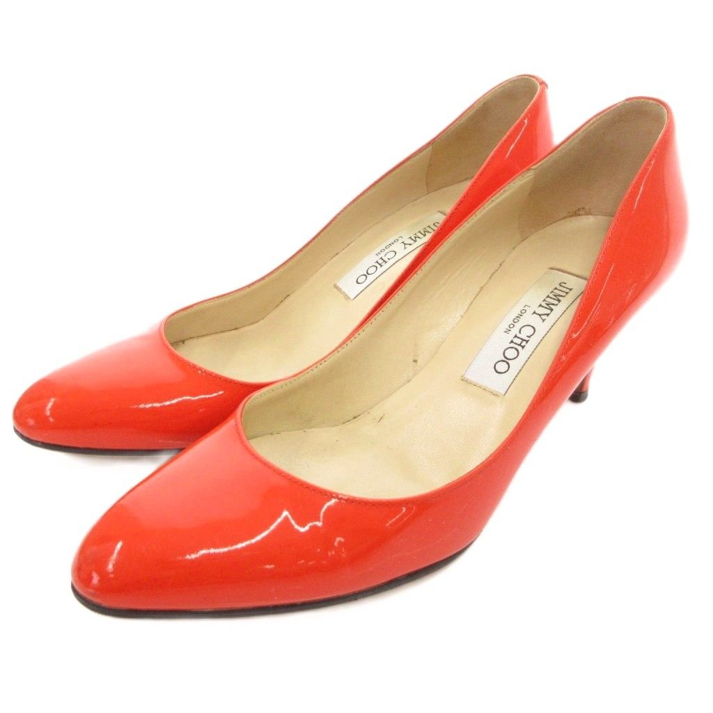 ジミーチュウ JIMMY CHOO パンプス ヒール エナメル ラウンドトゥ 37.5 オレンジ イタリア製 /TQ ■IBO100