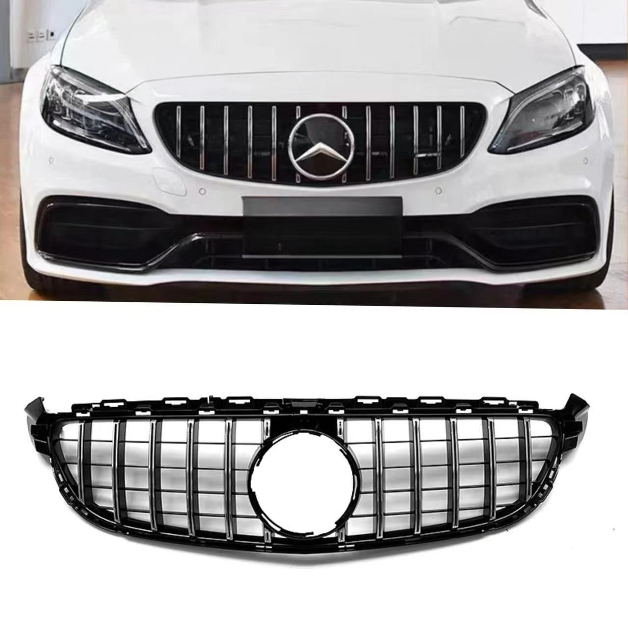 ベンツ Cクラス W205 C63 2019-2021年対応 フロントグリル ABS製 ブラック 縦フィンシルバー 交換取付式 フロントフェイス 外装アクセントパーツ