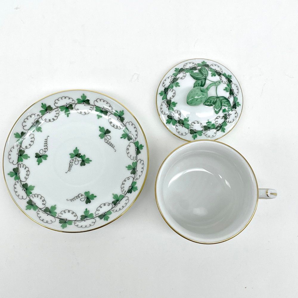ヘレンド HEREND 蓋付きクリームカップ&ソーサー パセリグリーン PE